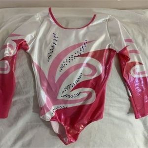ZKGL - Pink & White With Bling Design Long Sleeve Gymnastics Suit/ Outfit